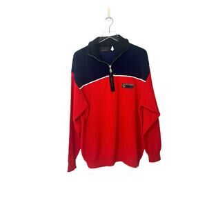 Bogner Men's Blue Red Turtle Neck Cable Knit Half Zip Fleece Sweater Size XL‎